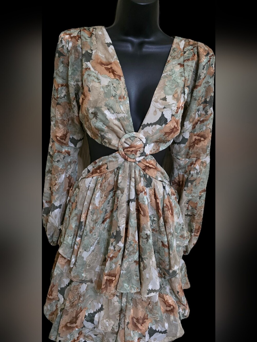 Luxxel Floral Metallic Cutout Ruffle Mini Dress S.  Sexy Summer Dress - Picture 4 of 12